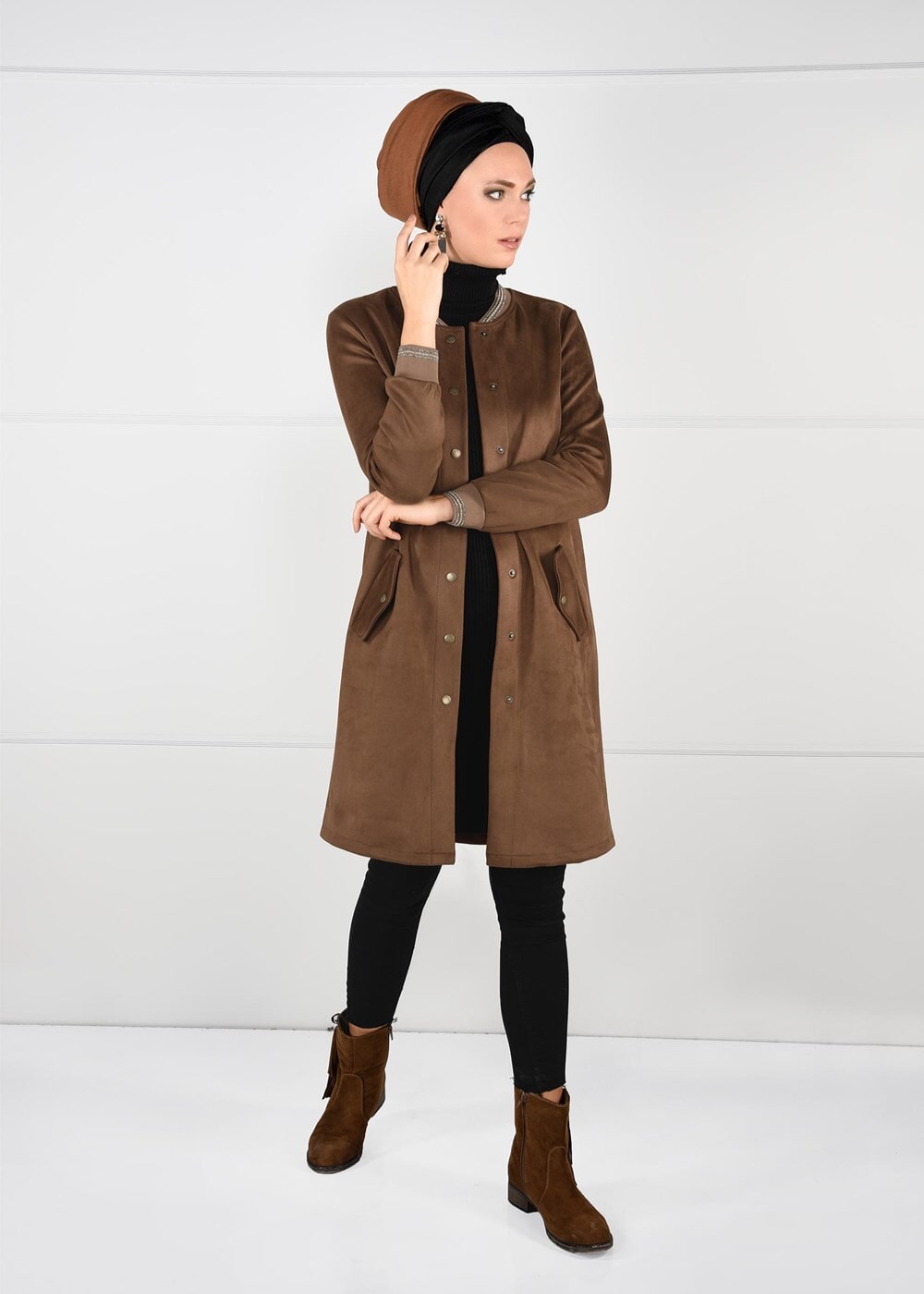 Tesettür giyim KAHVE ÇITÇITLI SÜET KABAN 67941 