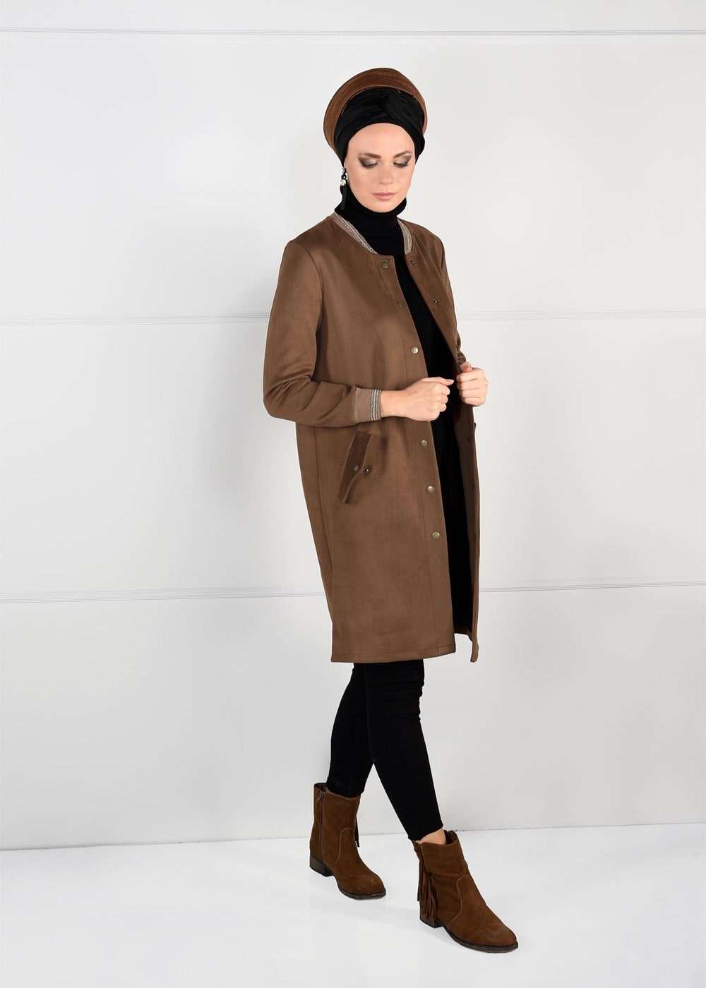 Tesettür giyim KAHVE ÇITÇITLI SÜET KABAN 67941 