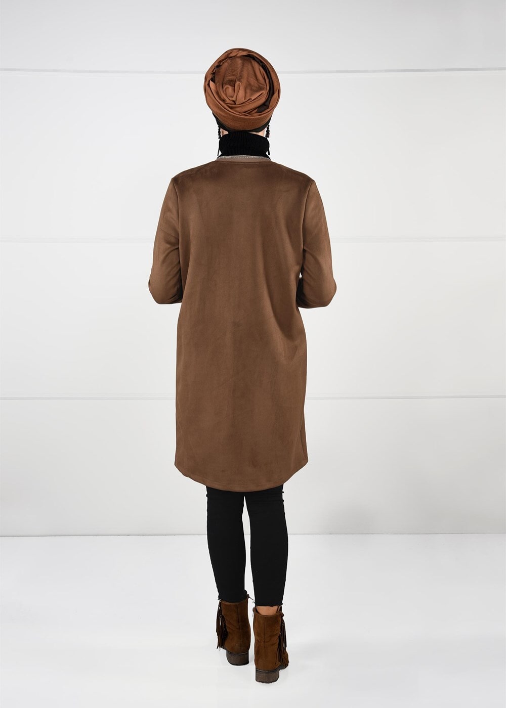 Tesettür giyim KAHVE ÇITÇITLI SÜET KABAN 67941 