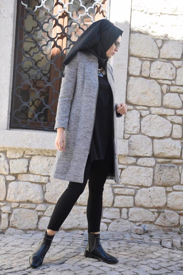 Tesettür giyim  FERMUARLI HAKİM YAKA KABAN 4625  - TRENDTESETTÜR