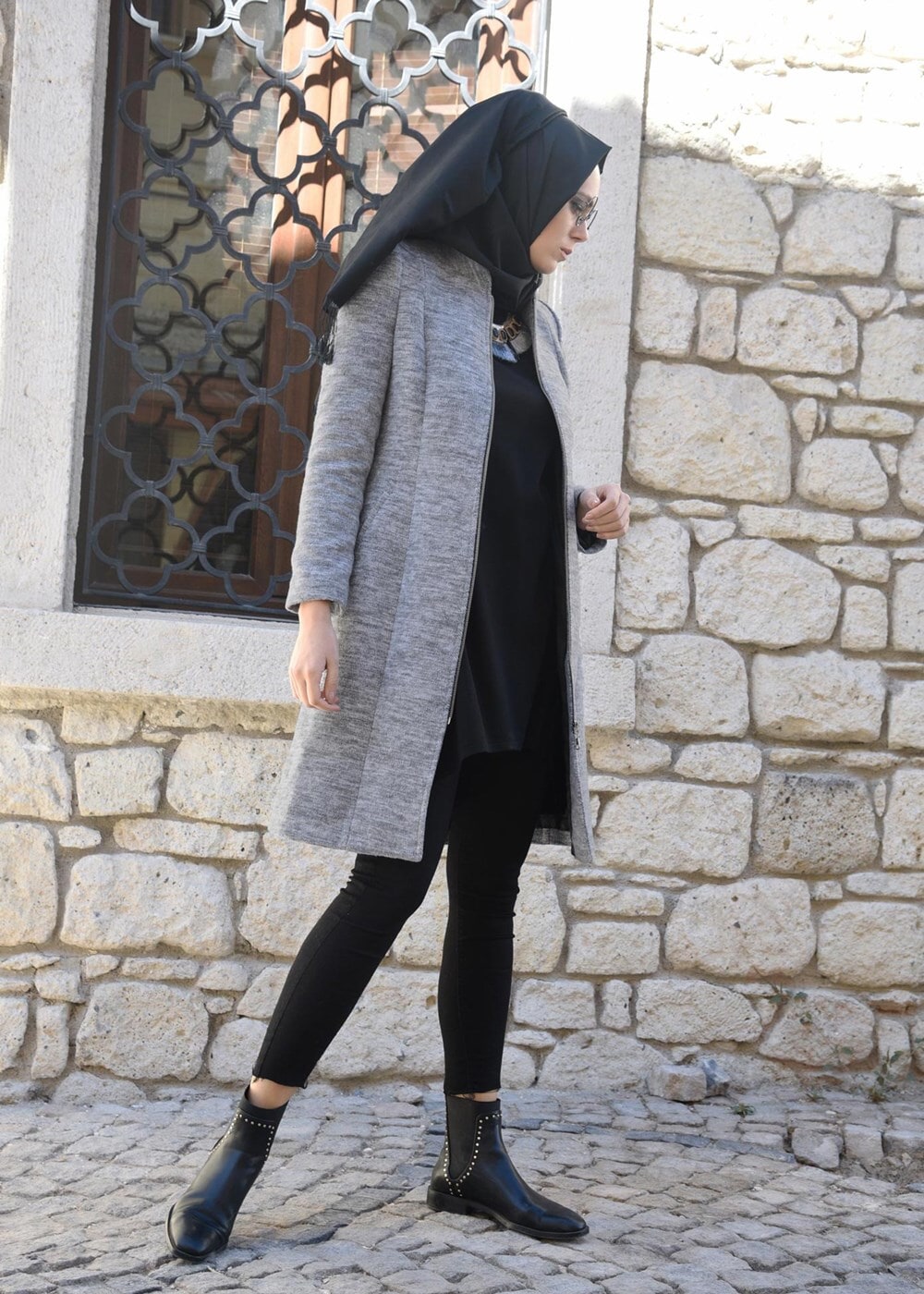 Tesettür giyim GRİ FERMUARLI HAKİM YAKA KABAN 4625 