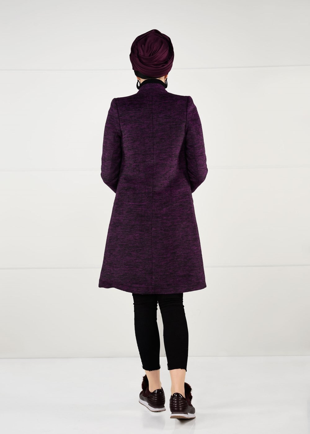 Tesettür giyim MOR FERMUARLI HAKİM YAKA KABAN 4625 