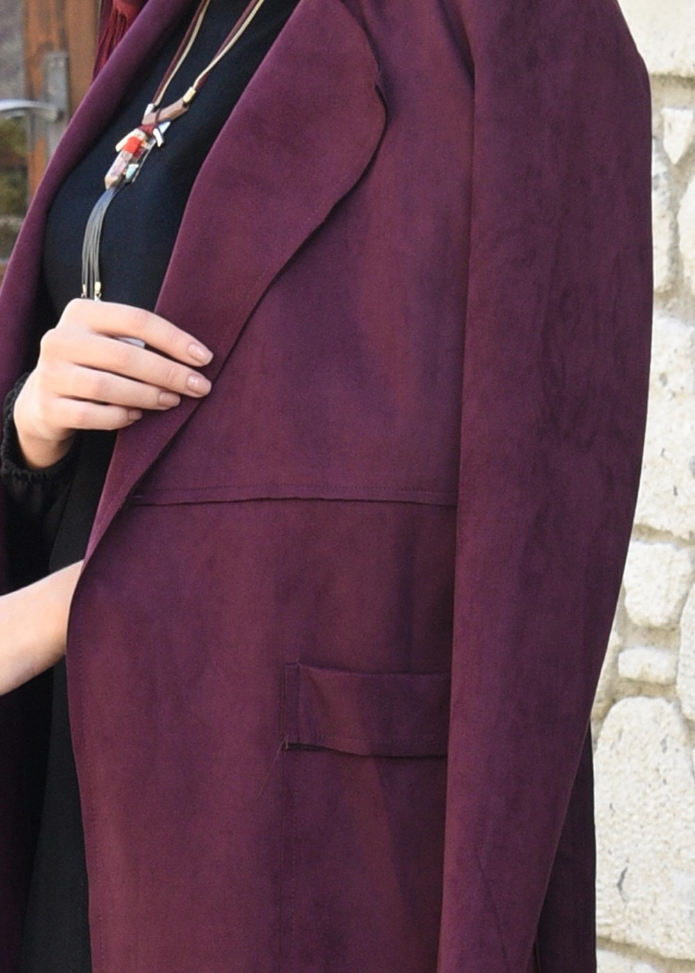 Tesettür giyim BORDO KUŞAKLI SÜET KABAN 5617 