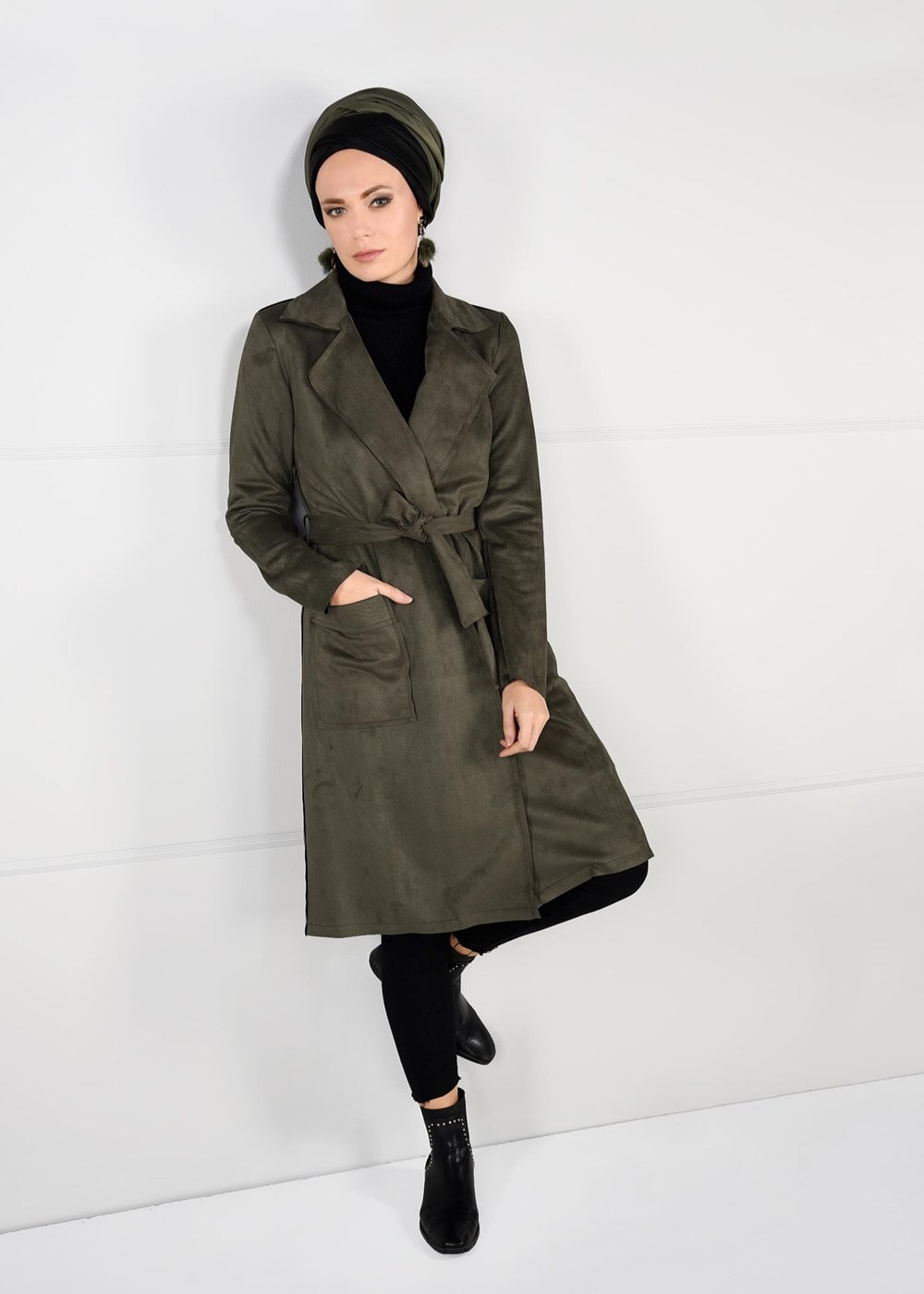 Tesettür giyim HAKİ KUŞAKLI SÜET KABAN 5617 