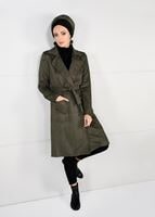 Tesettür giyim HAKİ KUŞAKLI SÜET KABAN 5617 