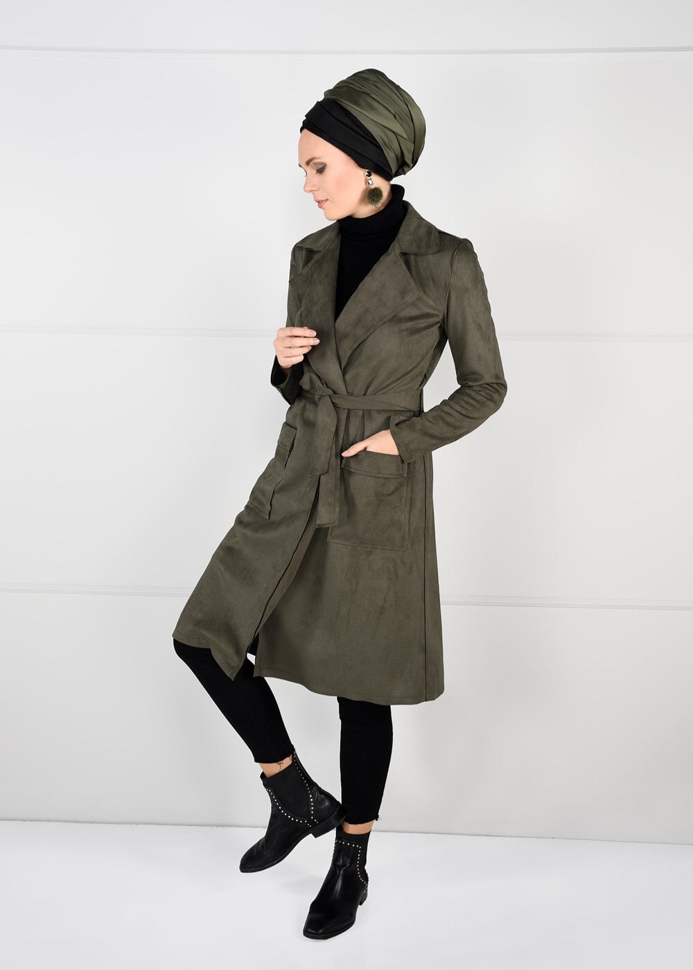 Tesettür giyim HAKİ KUŞAKLI SÜET KABAN 5617 