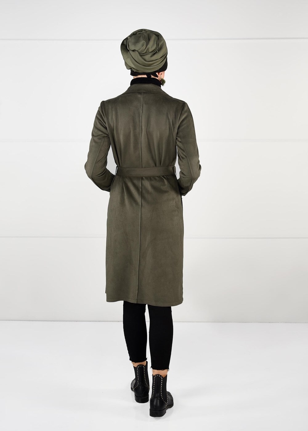 Tesettür giyim HAKİ KUŞAKLI SÜET KABAN 5617 