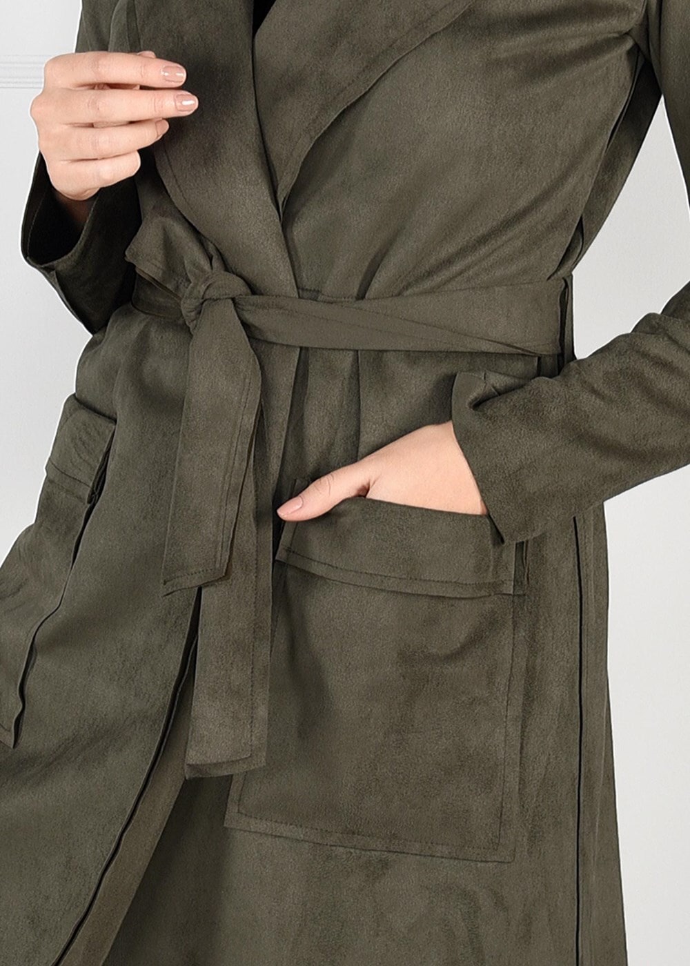 Tesettür giyim HAKİ KUŞAKLI SÜET KABAN 5617 