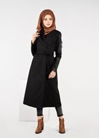 Tesettür giyim SİYAH KOLLARI DERİ DETAYLI KABAN 9470 