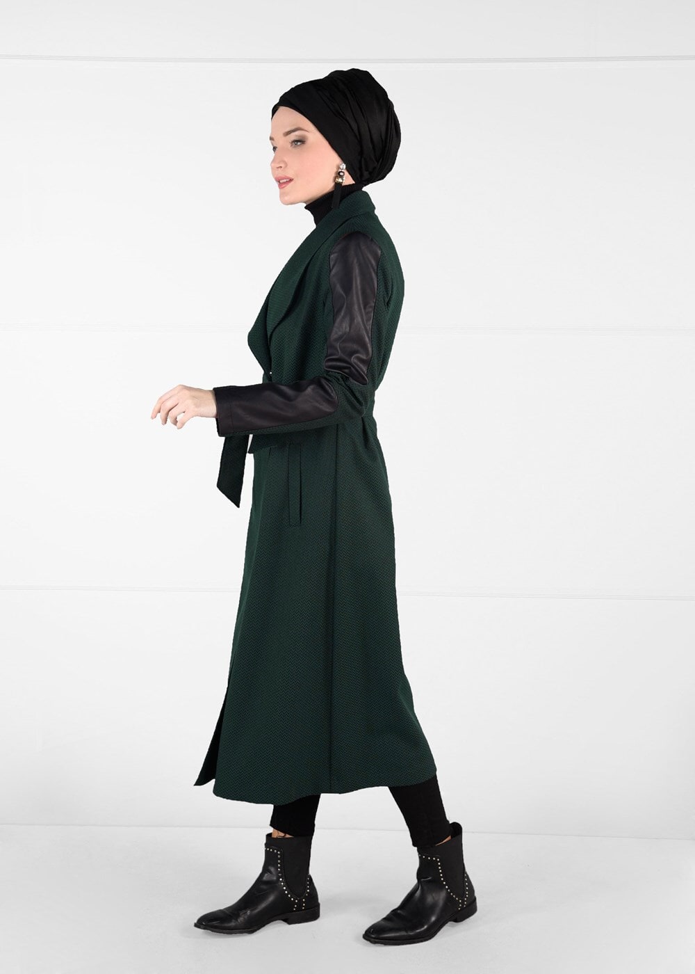 Tesettür giyim YEŞİL KOLLARI DERİ DETAYLI KABAN 9470 