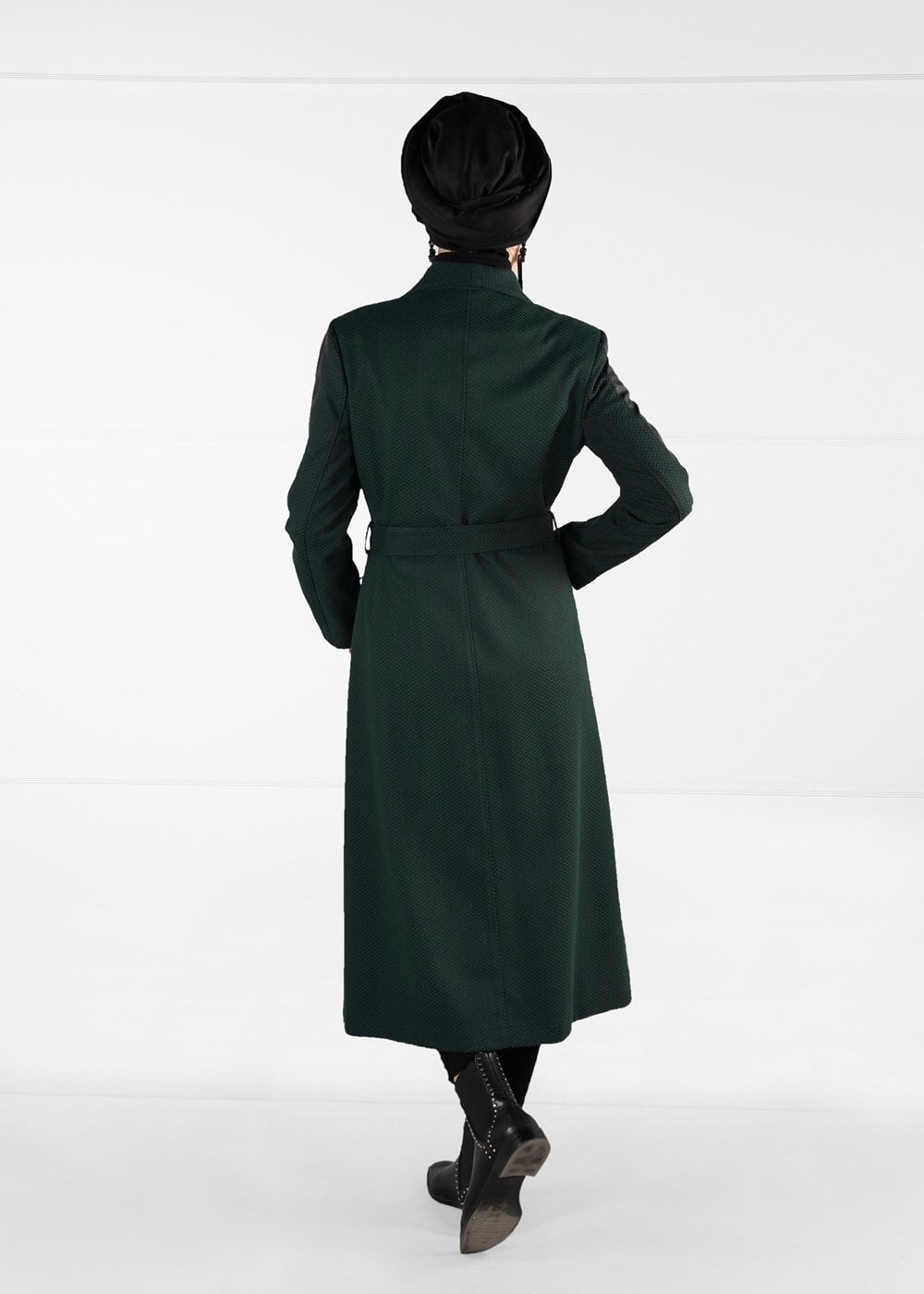 Tesettür giyim YEŞİL KOLLARI DERİ DETAYLI KABAN 9470 