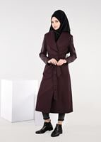 Tesettür giyim BORDO KOLLARI DERİ DETAYLI KABAN 9470 