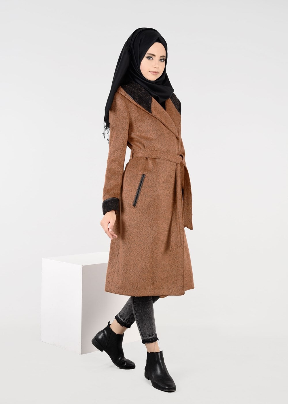 Tesettür giyim TURUNCU KRUVAZE CEP DETAYLI KABAN 9474 