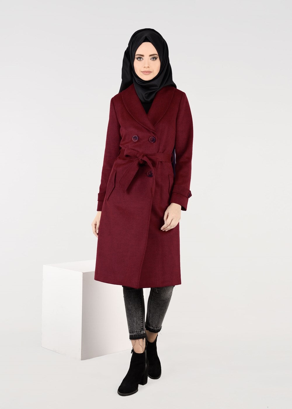 Tesettür giyim BORDO KRUVAZE CEPLİ KABAN 9481 