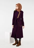 Tesettür giyim BORDO CEPLİ KUŞAKLI KABAN 9485 