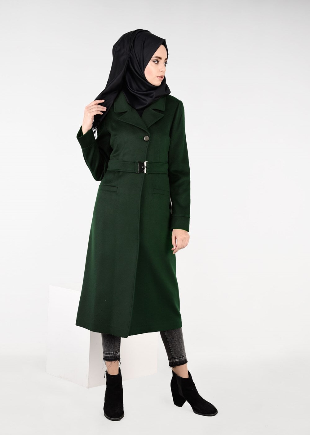 Tesettür giyim YEŞİL KEMERLİ FLETO CEP KABAN 9486 