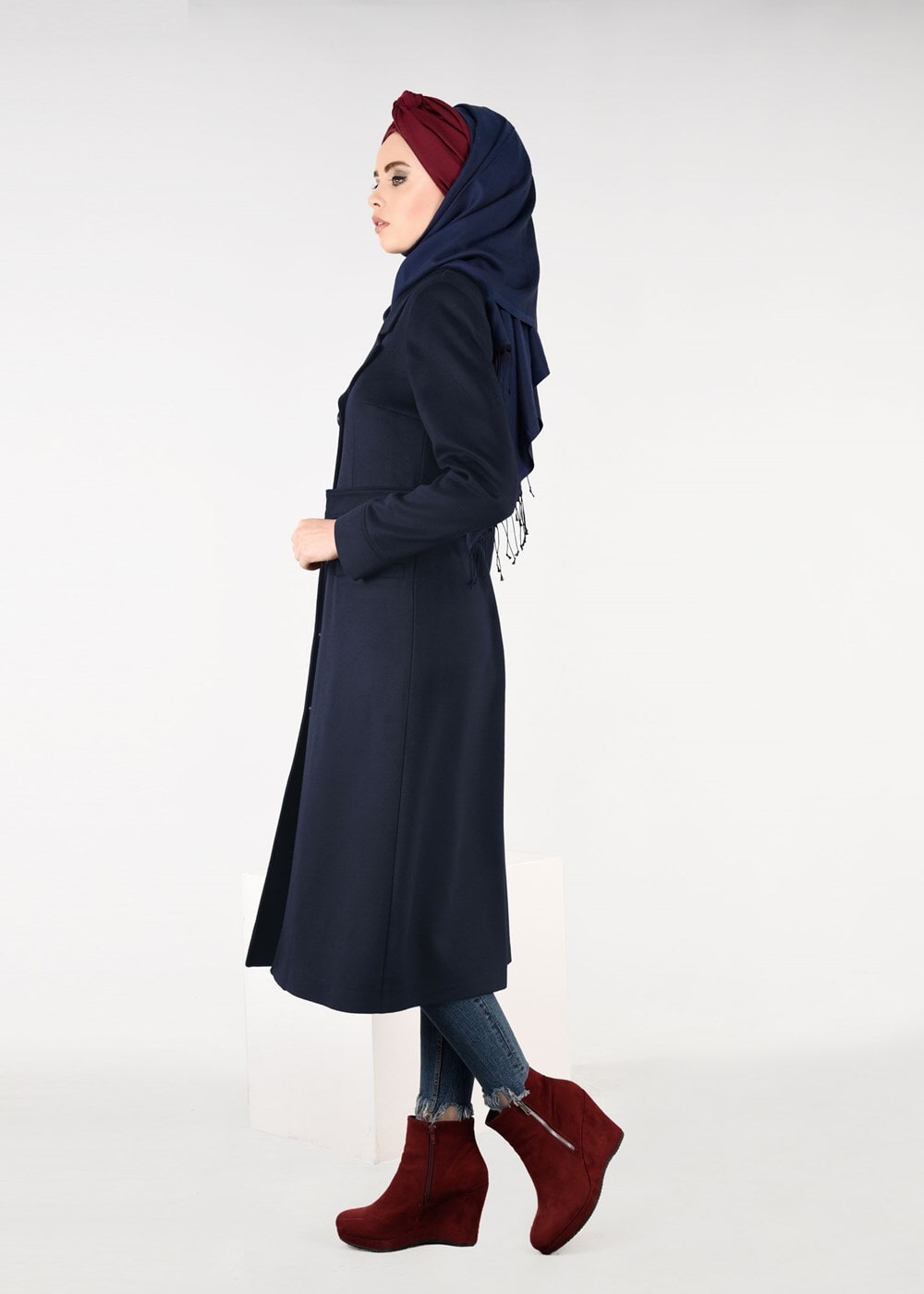 Tesettür giyim LACİVERT KEMERLİ FLETO CEP KABAN 9486 