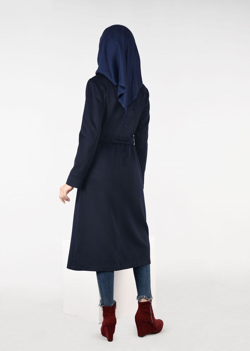 Tesettür giyim LACİVERT KEMERLİ FLETO CEP KABAN 9486 