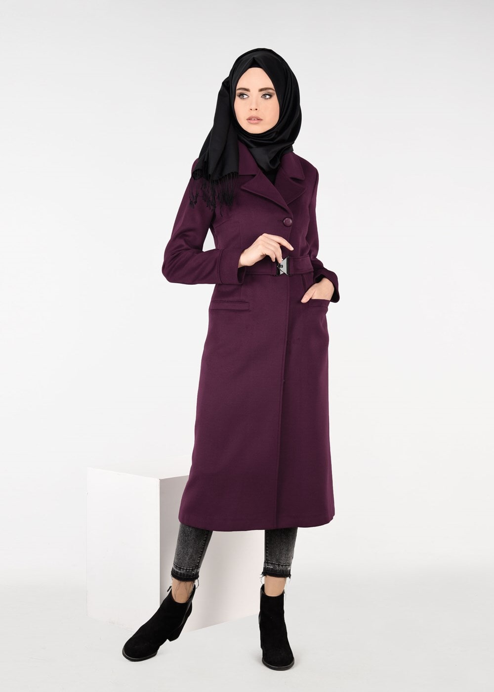 Tesettür giyim MOR KEMERLİ FLETO CEP KABAN 9486 
