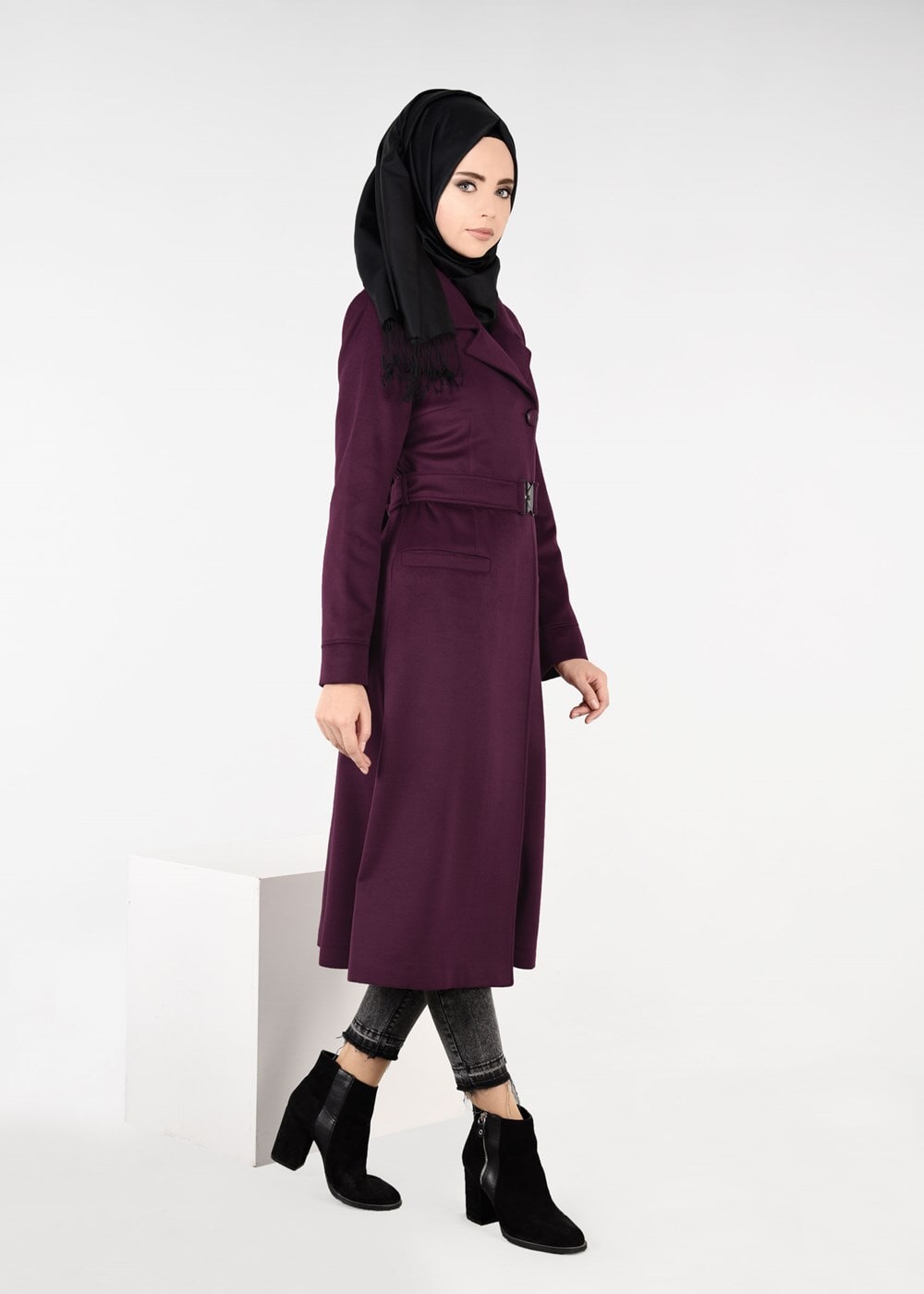 Tesettür giyim MOR KEMERLİ FLETO CEP KABAN 9486 