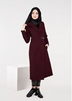 Tesettür giyim BORDO KAPÜŞONLU DÜĞMELİ KABAN 9497