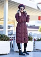 Tesettür giyim BORDO PELUŞ KAPÜŞONLU ŞİŞME KABAN 9507 