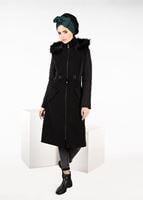 Tesettür giyim SİYAH KÜRK DETAYLI BAĞCIKLI KABAN 9514