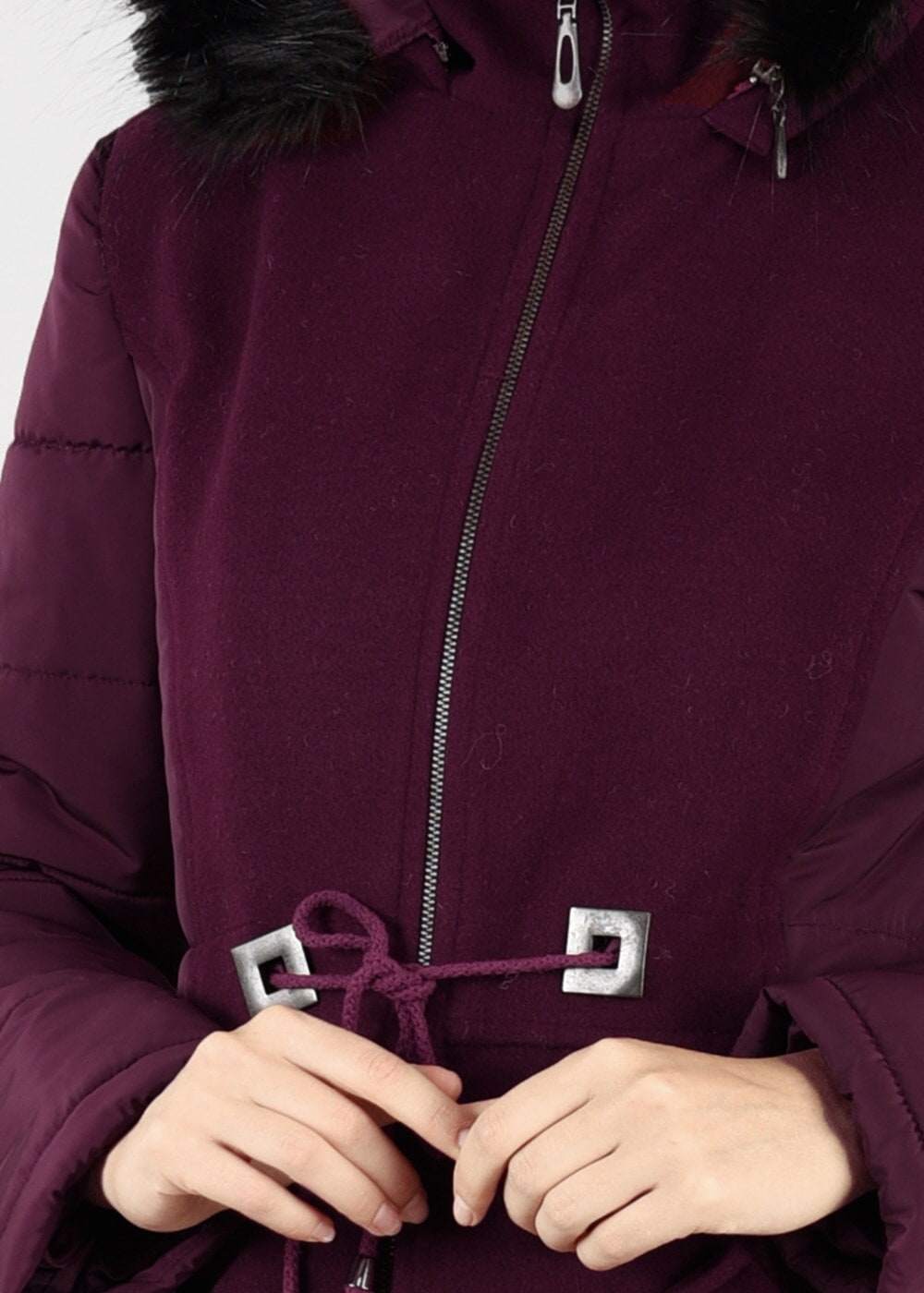 Tesettür giyim BORDO KÜRK DETAYLI BAĞCIKLI KABAN 9514