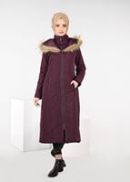 Tesettür giyim BORDO PELUŞ KAPÜŞONLU KABAN 9515 