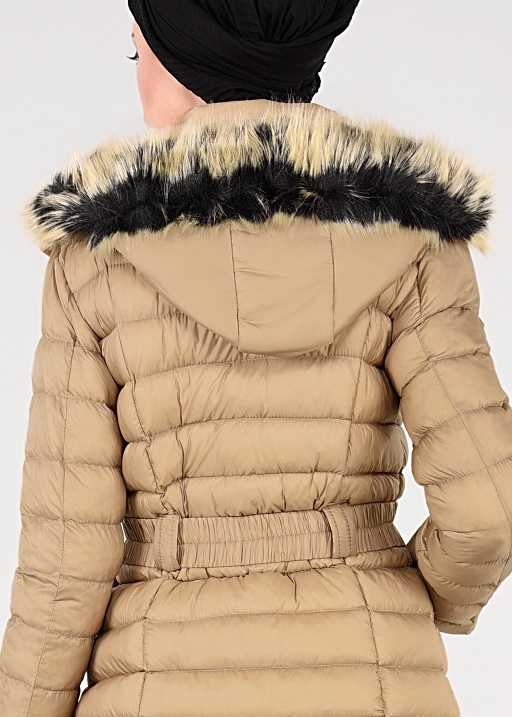 Tesettür giyim KAHVE KAPÜŞONLU ŞİŞME KABAN 9517 