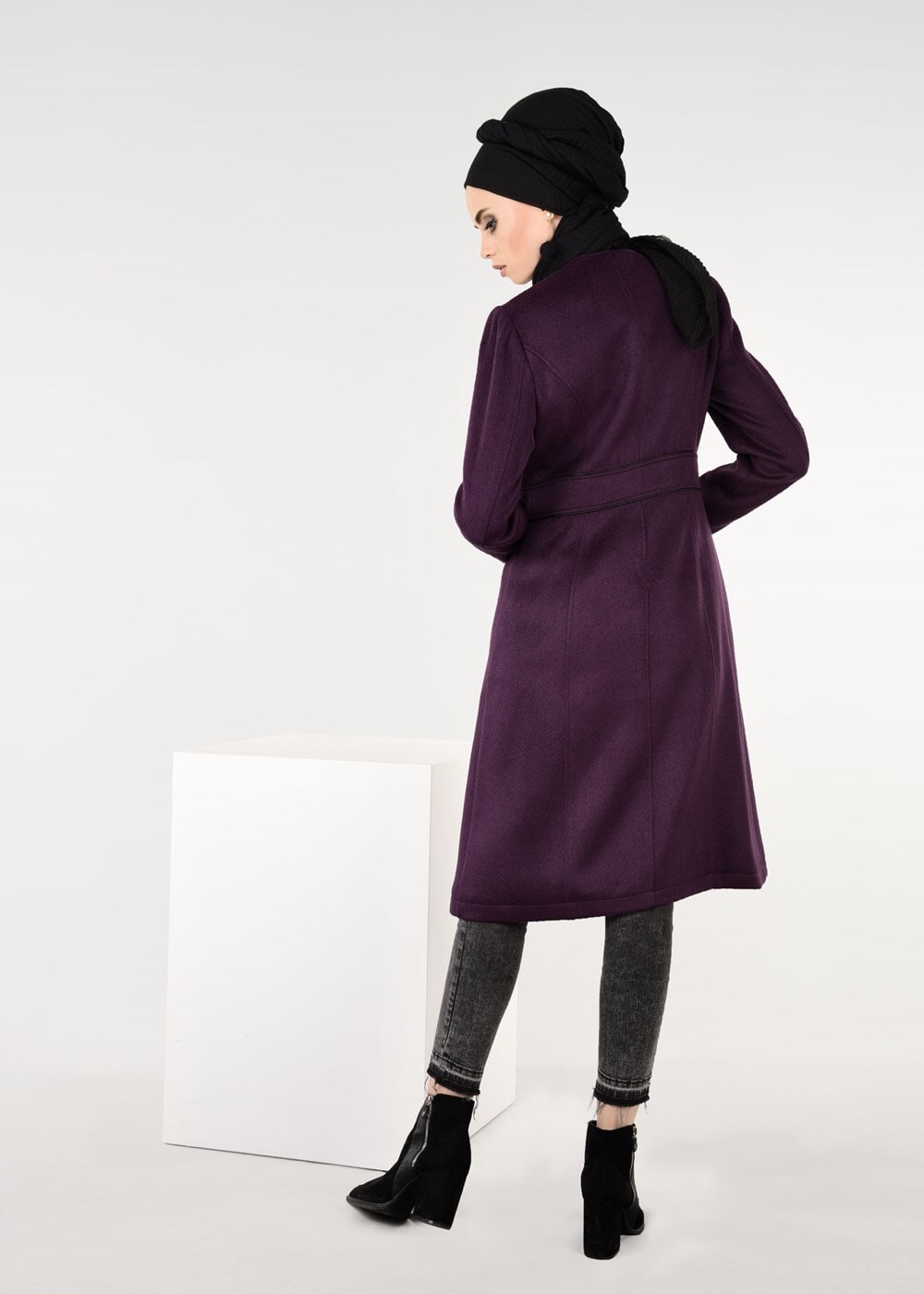 Tesettür giyim MOR BİSİKLET YAKA BİYELİ KABAN 9522 