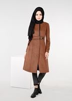 Tesettür giyim TURUNCU BİSİKLET YAKA BİYELİ KABAN 9522 