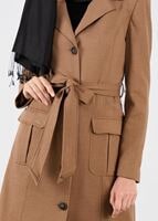 Tesettür giyim KAHVE BELİ KUŞAKLI KAŞE KABAN 9529 