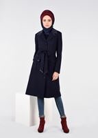 Tesettür giyim LACİVERT BELİ KUŞAKLI KAŞE KABAN 9529 