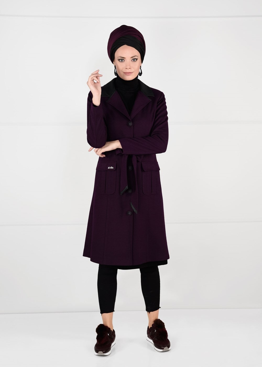 Tesettür giyim MÜRDÜM BELİ KUŞAKLI KAŞE KABAN 9529 