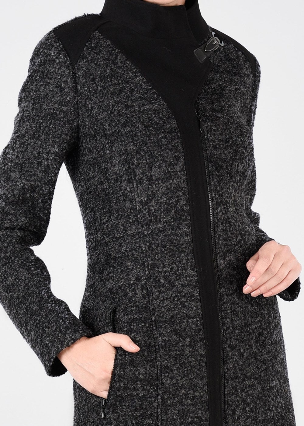 Tesettür giyim GRİ FERMUARLI KEÇE KABAN 9531