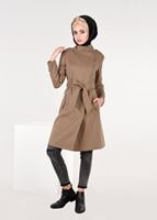 Tesettür giyim KAHVE BALIKÇI YAKA BELİ KUŞAKLI KABAN 9536 