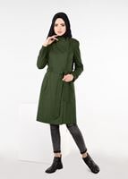 Tesettür giyim HAKİ BALIKÇI YAKA BELİ KUŞAKLI KABAN 9536 