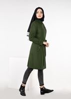 Tesettür giyim HAKİ BALIKÇI YAKA BELİ KUŞAKLI KABAN 9536 