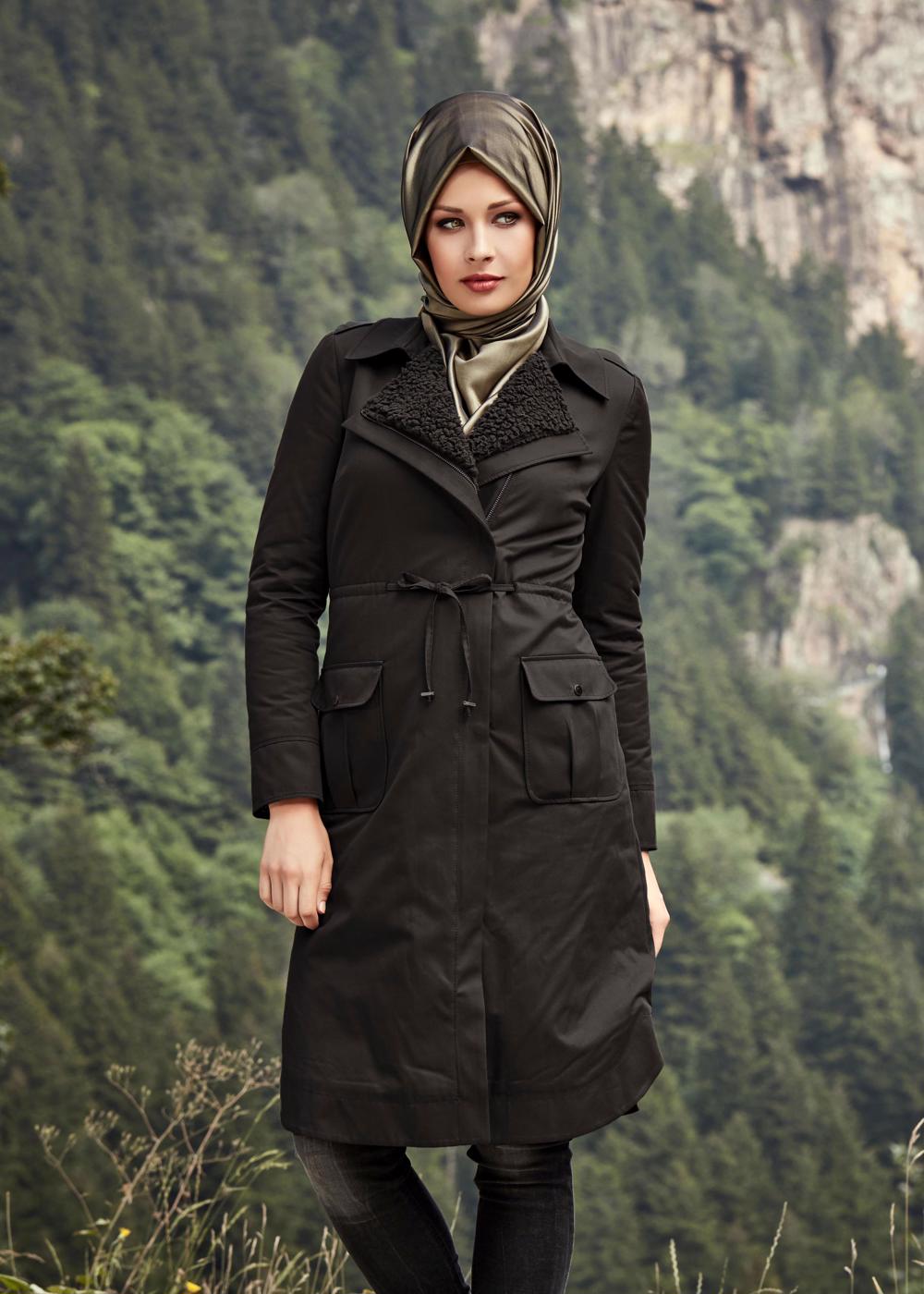 Tesettür giyim SİYAH BELİ BÜZGÜLÜ CEPLİ KABAN 9541