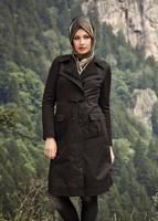Tesettür giyim SİYAH BELİ BÜZGÜLÜ CEPLİ KABAN 9541