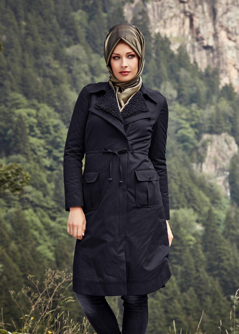 Tesettür giyim LACİVERT BELİ BÜZGÜLÜ CEPLİ KABAN 9541