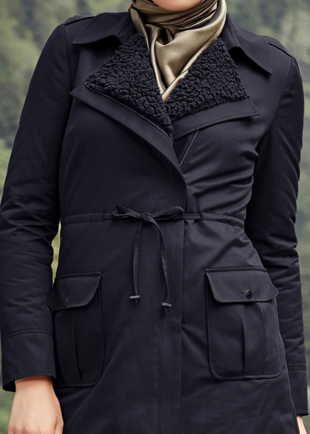 Tesettür giyim LACİVERT BELİ BÜZGÜLÜ CEPLİ KABAN 9541