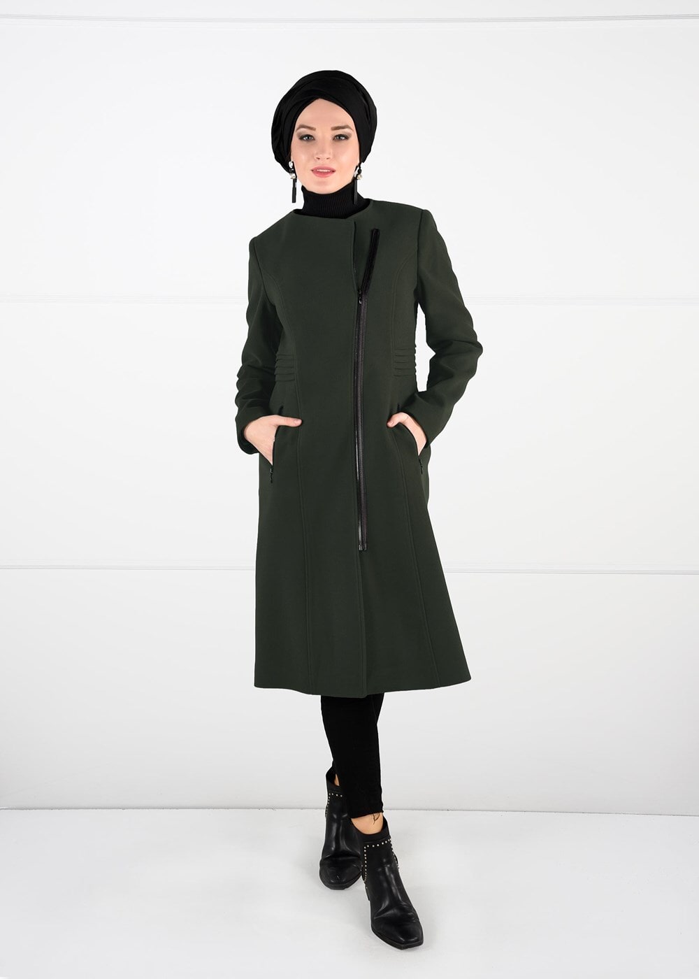 Tesettür giyim HAKİ FERMUARLI KAŞE KABAN 9548 