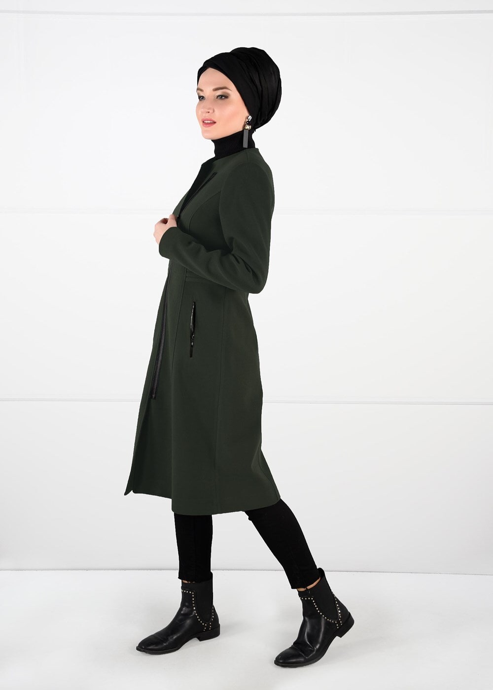 Tesettür giyim HAKİ FERMUARLI KAŞE KABAN 9548 