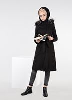 Tesettür giyim SİYAH KAPÜŞONU KÜRKLÜ TORBA CEP KABAN 9559 