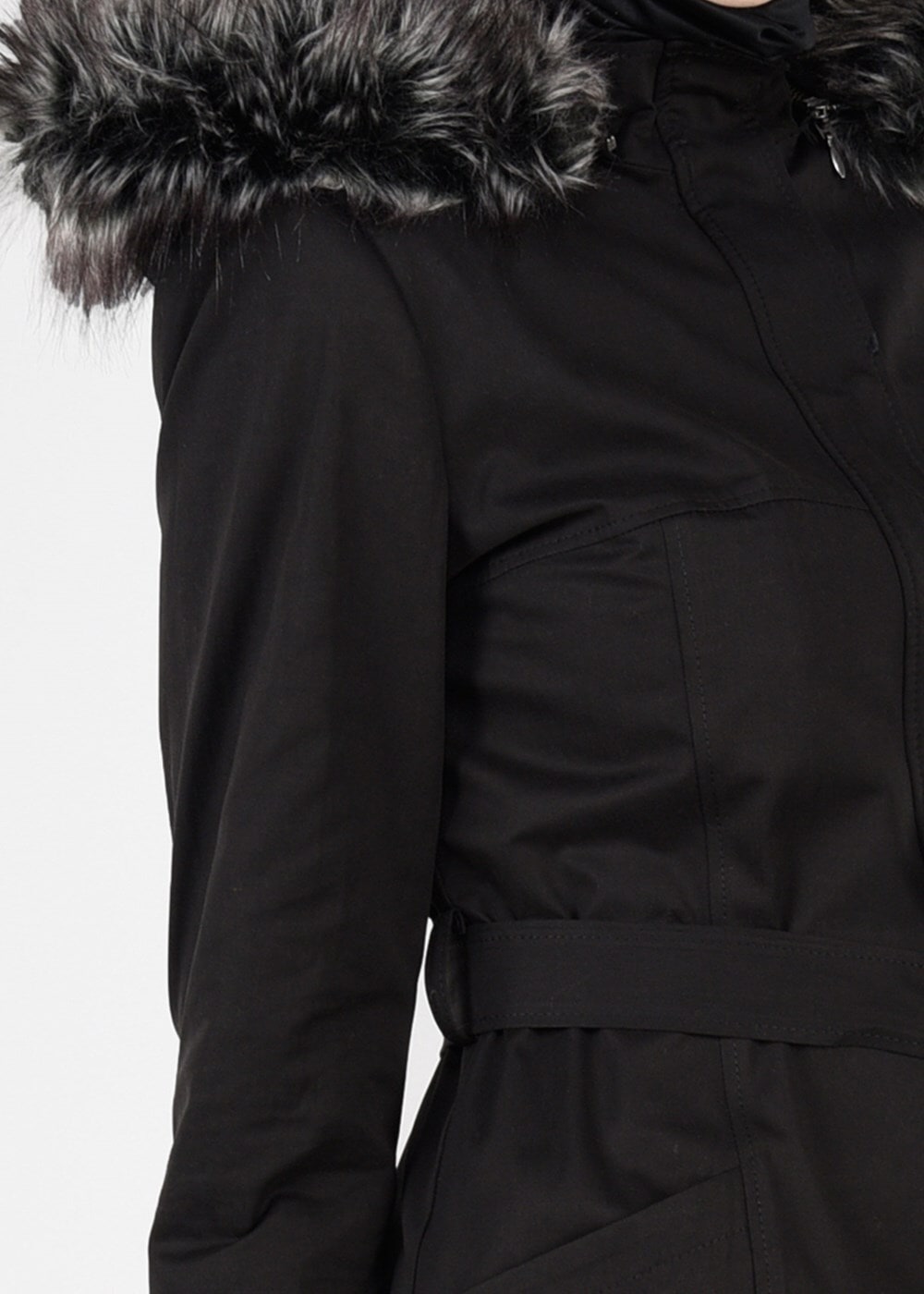 Tesettür giyim SİYAH KAPÜŞONU KÜRKLÜ TORBA CEP KABAN 9559 