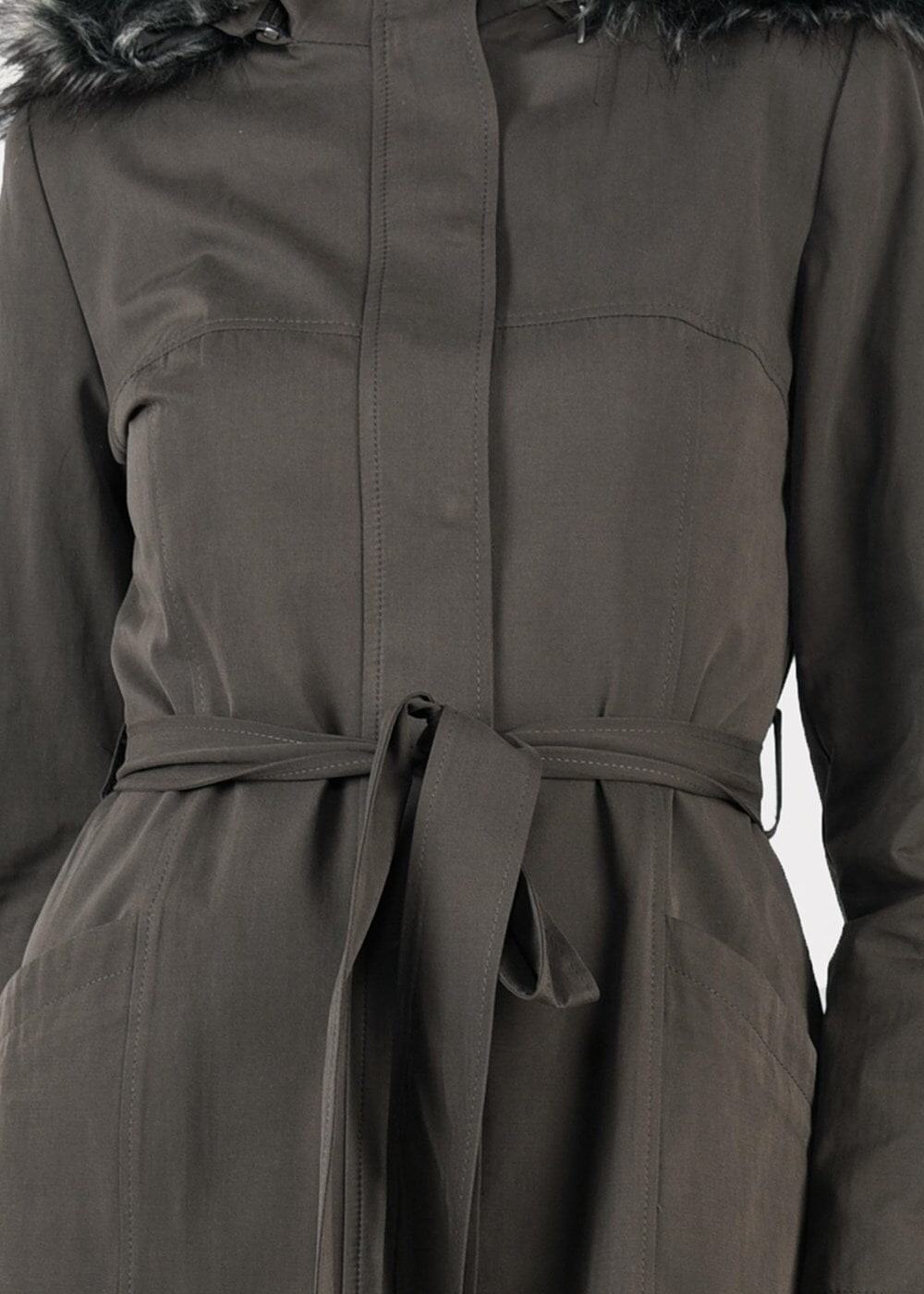 Tesettür giyim HAKİ KAPÜŞONU KÜRKLÜ TORBA CEP KABAN 9559 