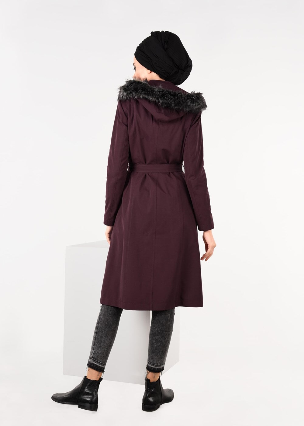 Tesettür giyim MÜRDÜM KAPÜŞONU KÜRKLÜ TORBA CEP KABAN 9559 