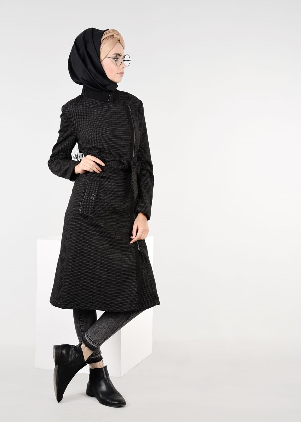 Tesettür giyim SİYAH KRUVAZE FERMUARLI KABAN 9560 